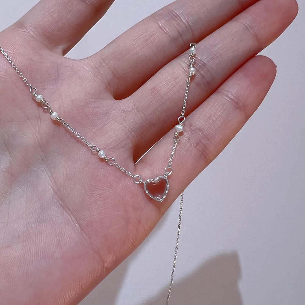 Vòng cổ Mạ Bạc 925 Đính Ngọc Trai Hình Trái Tim Sang Trọng Cho Nữ