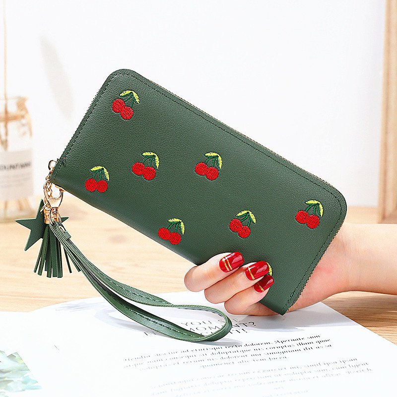 9fxh Ví Dài Đựng Tiền Xu Thẻ Thêu Hình Cherry Thời Trang Hàn Quốc Cho Nữ