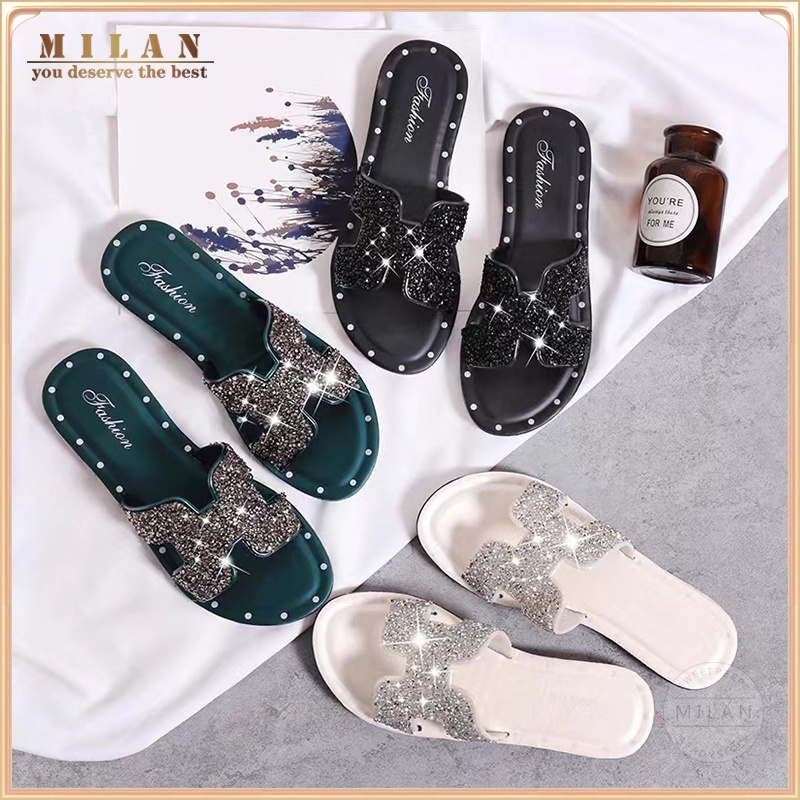 Dép Xỏ Ngón Đế Bằng Chống Trượt Đính Kim Sa Lấp Lánh Thời Trang Mùa Hè Cho Nữ