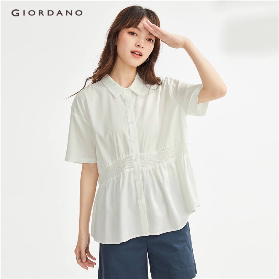 Áo sơ mi GIORDANO 13343306 vải modal tay ngắn dáng rộng nhấn eo phong cách giản dị dành cho nữ