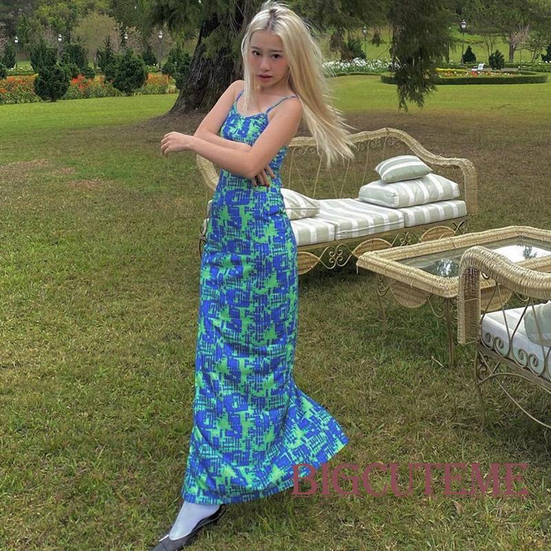 Đầm Hai Dây Dáng Dài Xẻ Tà Màu Sắc Tương Phản Thời Trang Mùa Hè Cho Nữ