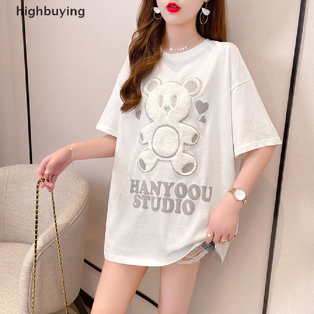 Áo Thun Tay Ngắn Cổ Tròn Thêu Hình Gấu Hoạt Hình Dành Cho Nữ