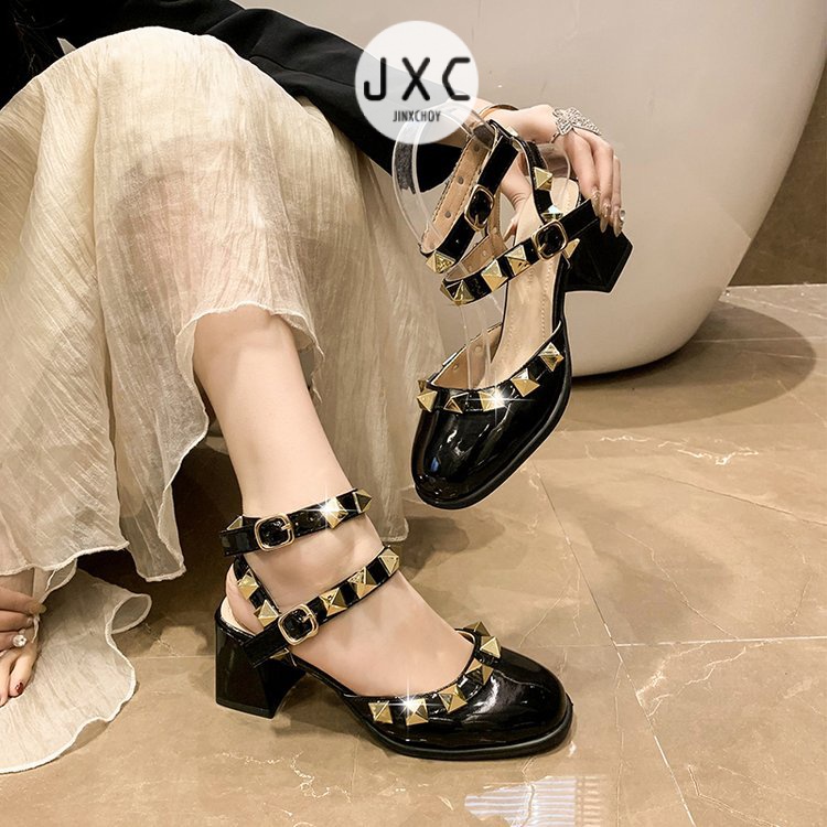 JINxCHOY Giày Cao Gót Đính Đinh Tán Thiết Kế Thoải Mái Thời Trang