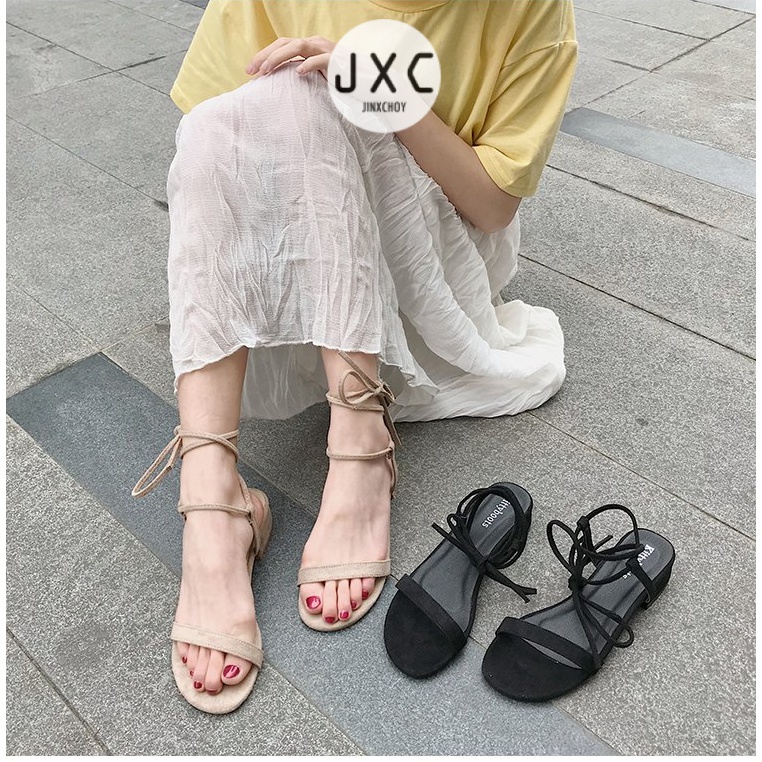 JINxCHOY Giày sandal mũi tròn phối dây thắt thời trang dành cho nữ JINXCHOY