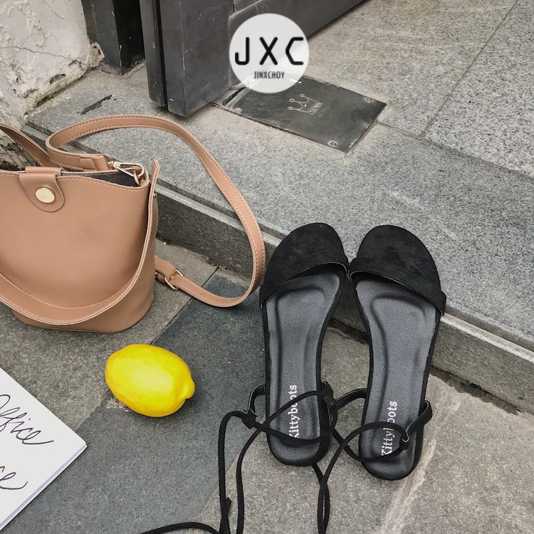 JINxCHOY Giày sandal mũi tròn phối dây thắt thời trang dành cho nữ JINXCHOY