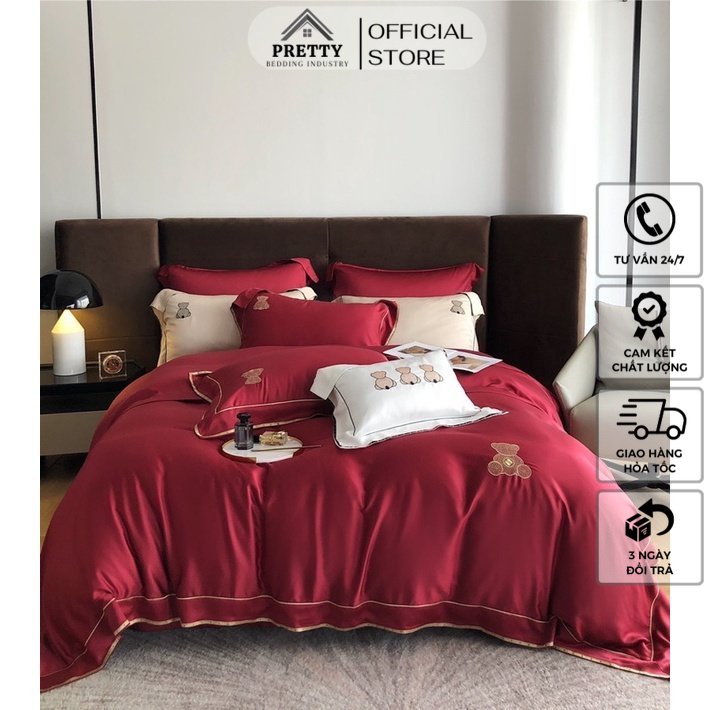 Set 4 món chăn ga lụa Tencel thêu gấu BEAR cao cấp, bộ chăn ga lụa hè đơn sắc mẫu mới hot hit 2023