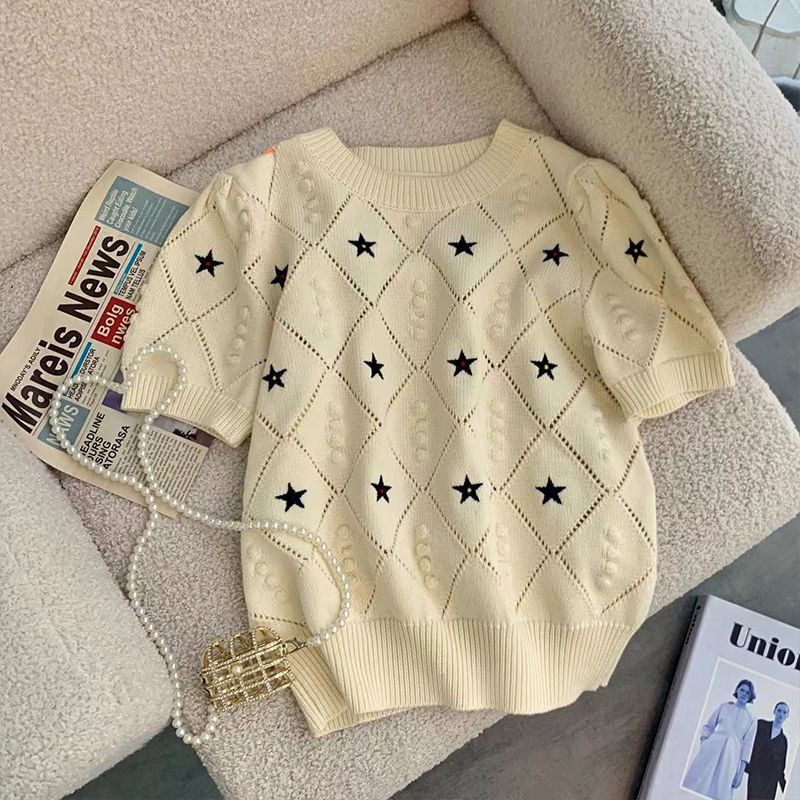 Áo Thun Dệt Kim Mỏng Tay Ngắn Phồng Thời Trang Mùa Hè