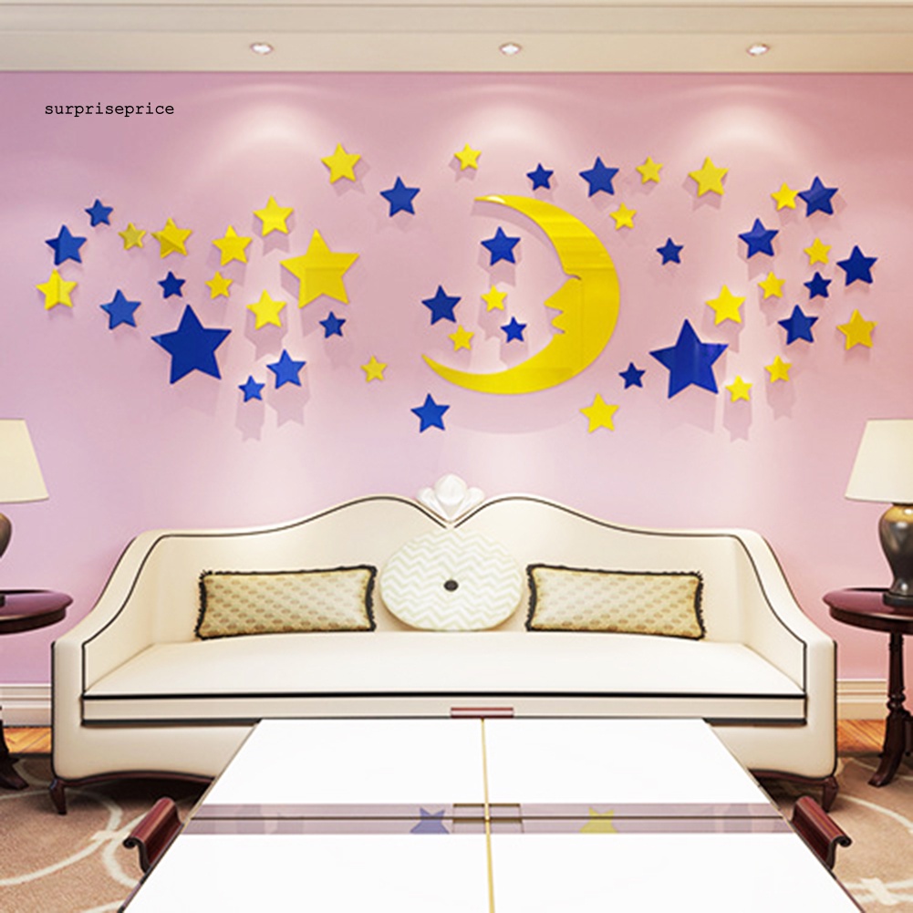 Decal dán tường Bằng Acrylic Với Họa Tiết 3D Hình Mặt Trăng Và Ngôi Sao Dùng Trang Trí Phòng Cho Trẻ