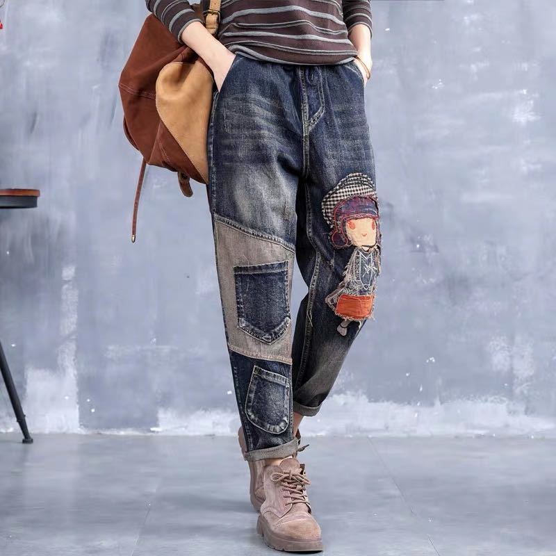 Quần Jean Dài Eo Cao Dáng Rộng Thêu Trang Trí Phong Cách Dân Tộc Thời Trang Mùa Xuân Mới Dành Cho Nữ