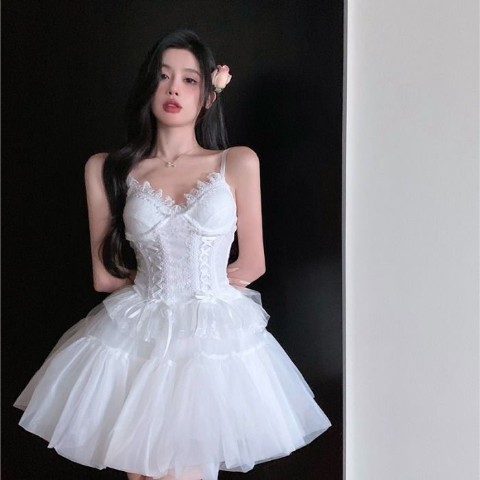 Set Áo Hai Dây + Chân Váy Lưới Màu Trắng Thiết Kế Mới Thời Trang Mùa Hè 2023 Theo Phong Cách Hàn Quốc