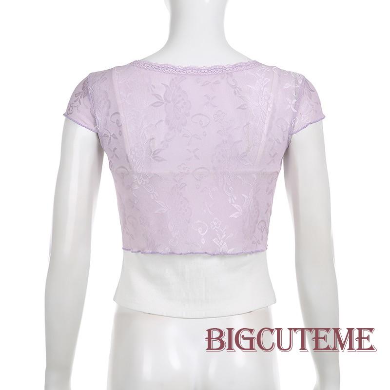 [] Áo Crop Top Nữ Tay Ngắn Phối Ren Áo Thun Kiểu Dáng Kawaii Đáng Yêu