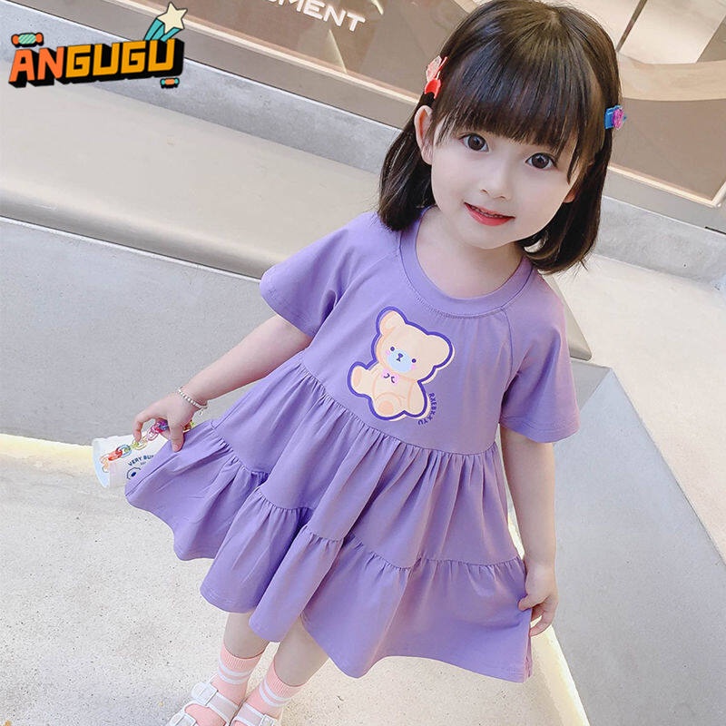 Đầm Midi Chữ A Tay Ngắn In Họa Tiết Hoạt Hình Thời Trang Mùa Hè Cho Bé Gái 2-8 Tuổi Kích Thước 90-140cm