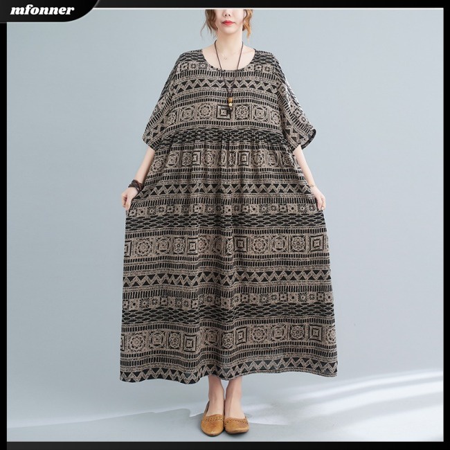 Đầm Midi Chữ A Tay Ngắn Dáng Rộng In Họa Tiết Phong Cách Bohemian Cổ Điển Thời Trang Mùa Hè Cho Nữ