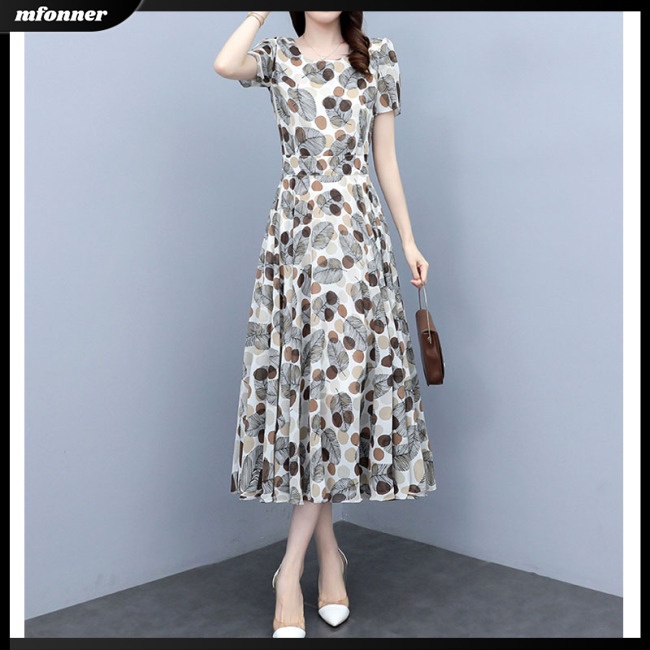 Đầm Dài Ôm Dáng Tay Ngắn Cổ Tròn In Họa Tiết Chấm Bi Kích Thước Lớn Thời Trang Mùa Hè Cho Nữ