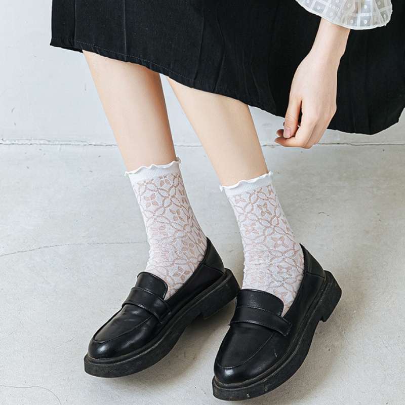 Vớ cotton mỏng FHYL màu trơn phối ren thời trang mùa hè phong cách Nhật Hàn cho nữ