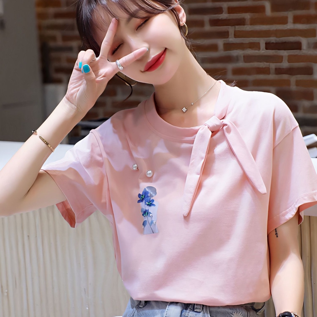 Áo Thun Cotton Nguyên Chất Tay Ngắn Dáng Rộng Đính Ngọc Trai Thời Trang Mùa Hè Hàn Quốc 2023 Cho Nữ