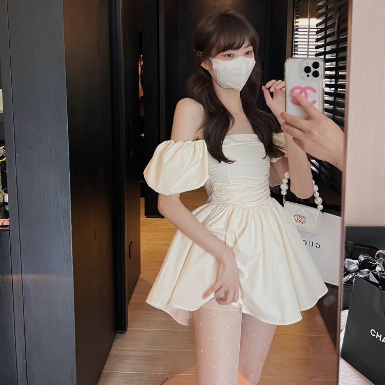 Bubble sleeve summer vacation dress small French dress for short skirt, puff, pure waist, off-shoulder, two-wear waist, MTI5