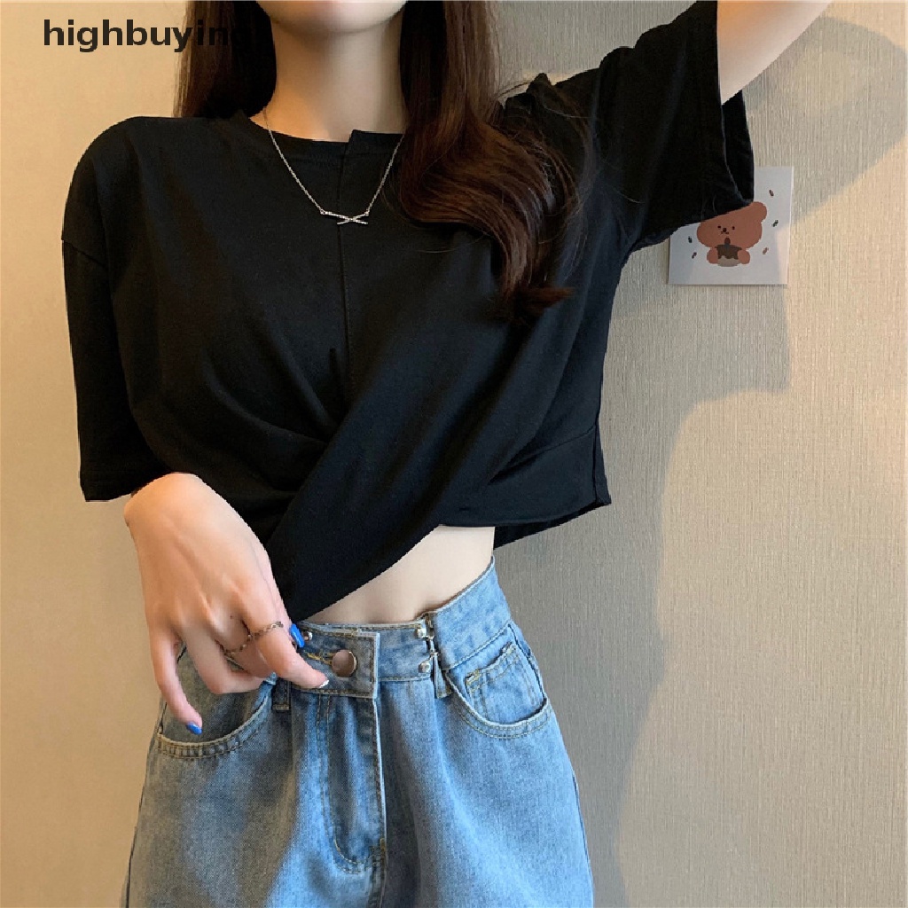 Áo Thun Lửng Ngắn Tay Cổ Tròn Vạt Chéo Thời Trang Nữ Tính