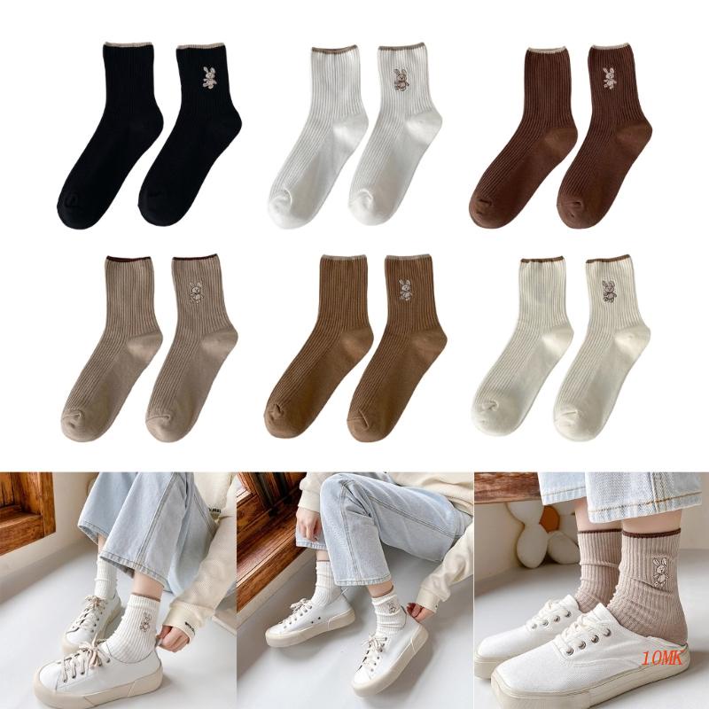 Tất Cotton Màu Trơn Thêu Hình Thỏ Dễ Thương Phong Cách Nhật Bản