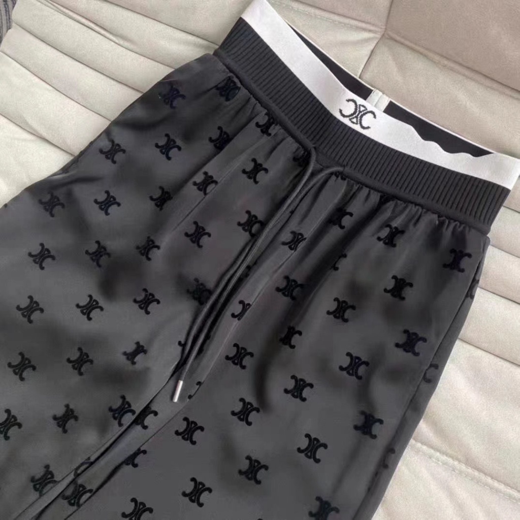 CELINE Spring and Summer letter logo flocking elastic waist casual wide-leg pants jacquard skin-friendly thread ribbon drawstring black trousers