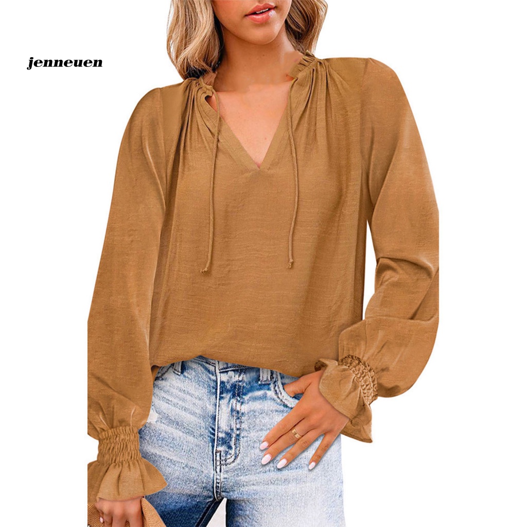 Áo Sơ Mi Voan Tay Dài Phồng Cổ Chữ V Màu Trơn Thắt Dây Phía Trước Kiểu Dáng Đơn Giản Cho Nữ