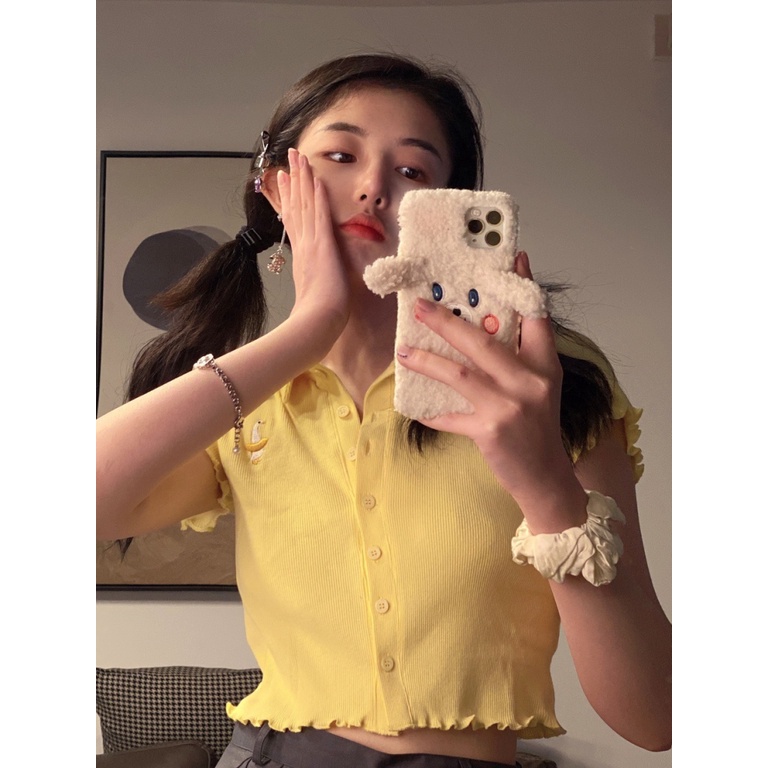 Áo Thun Polo Dệt Kim Tay Ngắn Dáng Rộng Thêu Họa Tiết Xinh Xắn Thời Trang Mùa Hè Phong Cách Hàn Quốc Cho Nữ