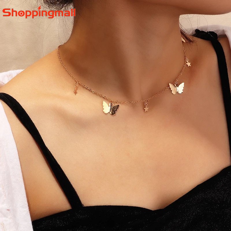 Vòng Cổ Choker Màu Vàng / Bạc Mặt Hình Bướm Dễ Thương Cho Nữ