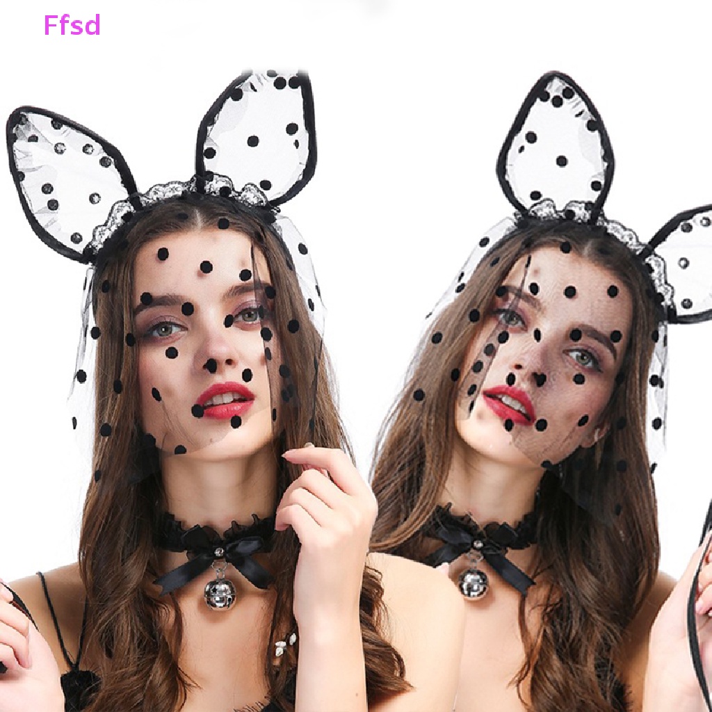 {Ffsd} Băng Đô Tai Mèo Phối Ren Lưới Chấm Bi Đen Gợi Cảm Hóa Trang Tiệc Halloween Cho Nữ * Bán Chạy
