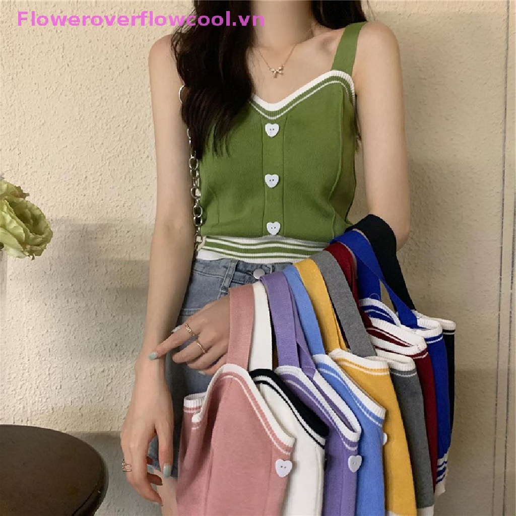 Áo Crop Top Dệt Kim Không Tay Cổ Chữ V Cài Nút Thời Trang Mùa Hè Ngọt Ngào Cho Nữ