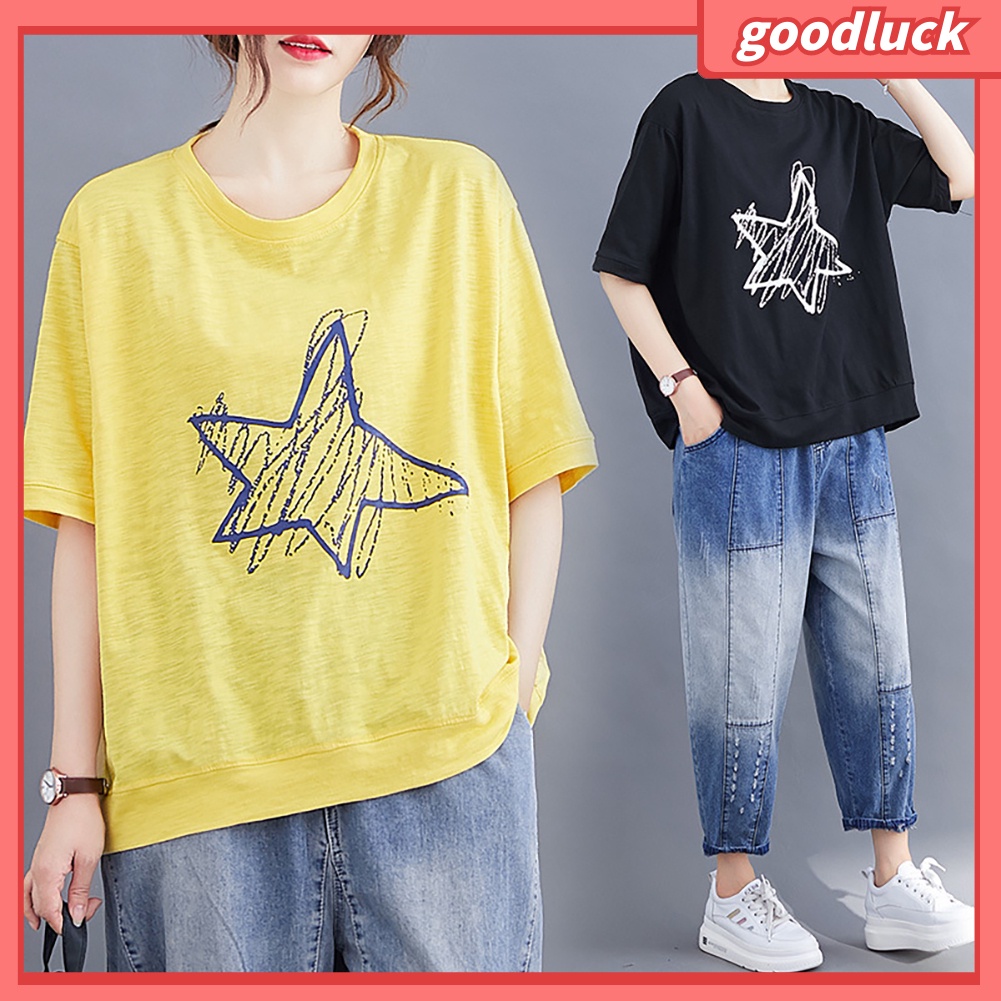 Áo Thun Cotton Tay Ngắn Cổ Tròn In Hình Ngôi Sao Thời Trang Mùa Hè Cho Nữ