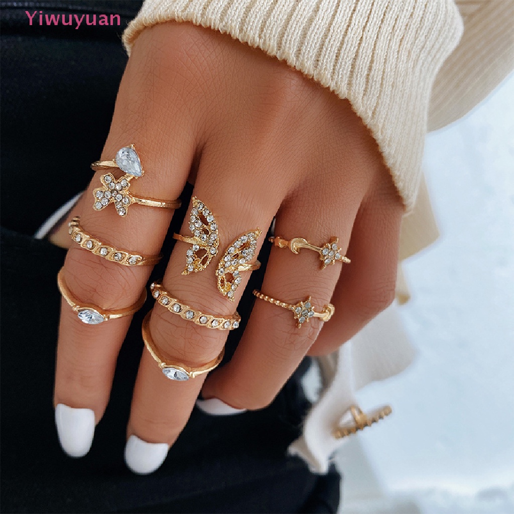 Bộ 8 Nhẫn Hở Đeo Khớp Ngón Tay Màu Vàng Hình Bướm / Bông Hoa Đính Đá Zircon Phong Cách Bohemian Đơn Giản Dành Cho Nữ Mới