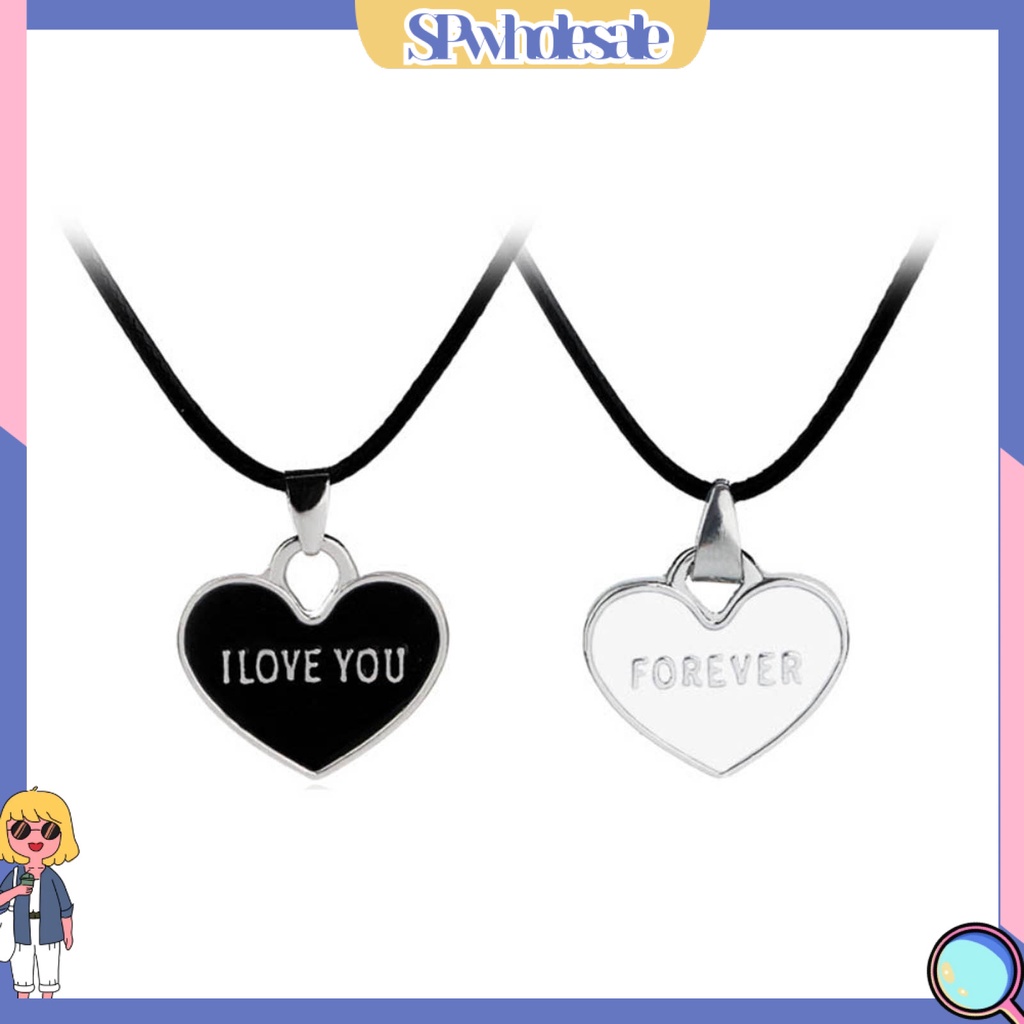 <SPwholesale> 1 Cặp Vòng cổ Mặt Trái Tim Màu Trắng Đen In Chữ I Love You Forever Dành Cho Cặp Đôi