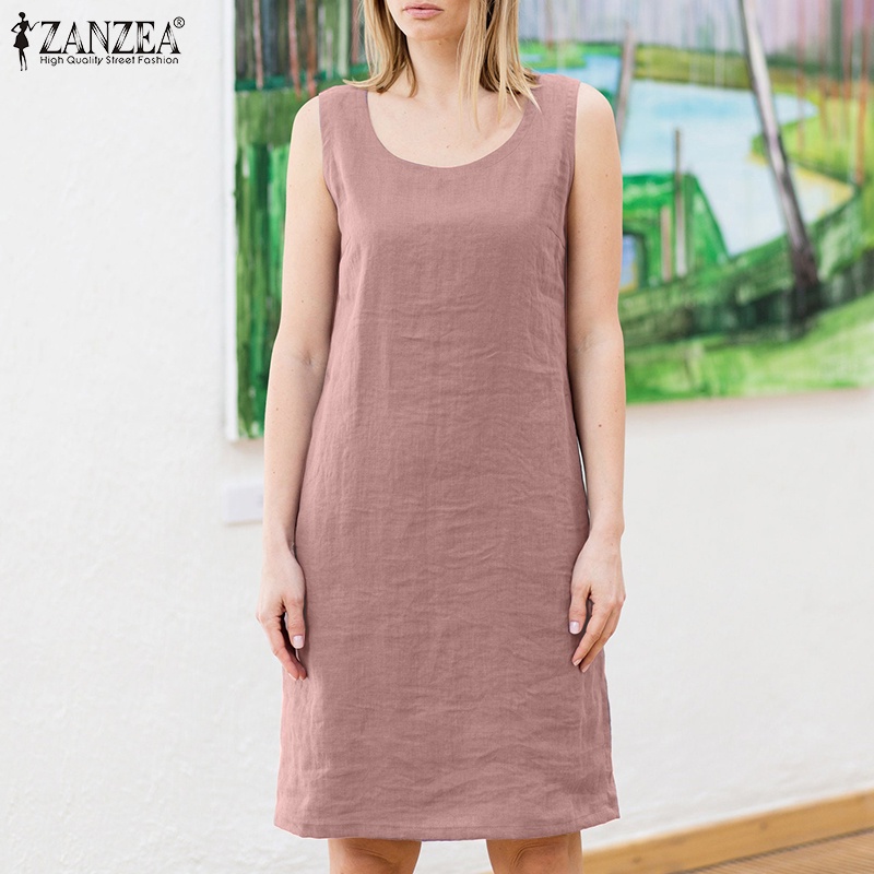 Zanzea Đầm không tay Cổ Tròn Màu Trơn Phong Cách Châu Âu