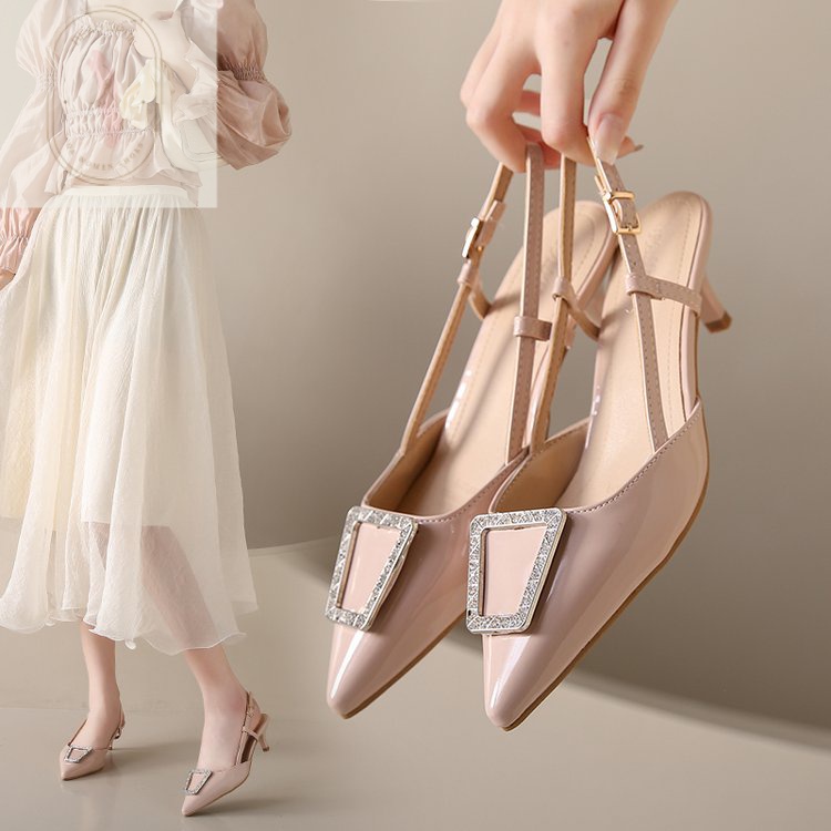 Giày Sandal Cao Gót Mũi Nhọn 6-8cm Bằng Chất Liệu PU Phối Cao Su Dành Cho Nữ