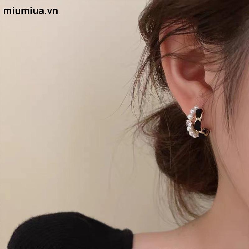 miumiuaBông Tai Nhung Đen Đính Ngọc Trai Zircon Thời Trang 2023 Cho Nữ