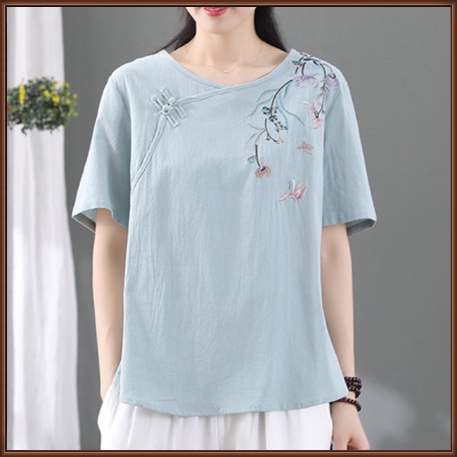 Áo Thun Tay Ngắn Cổ Tròn Thêu Họa Tiết Phong Cách Cổ Điển Thời Trang Cho Nữ