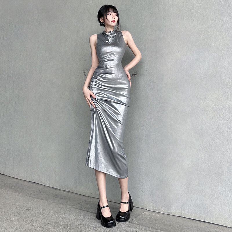 Kliou 2023 Mới Đầm Midi Ôm Dáng Không Tay Xẻ Tà Cao Quyến Rũ Thời Trang Cho Nữ Kliou 2023