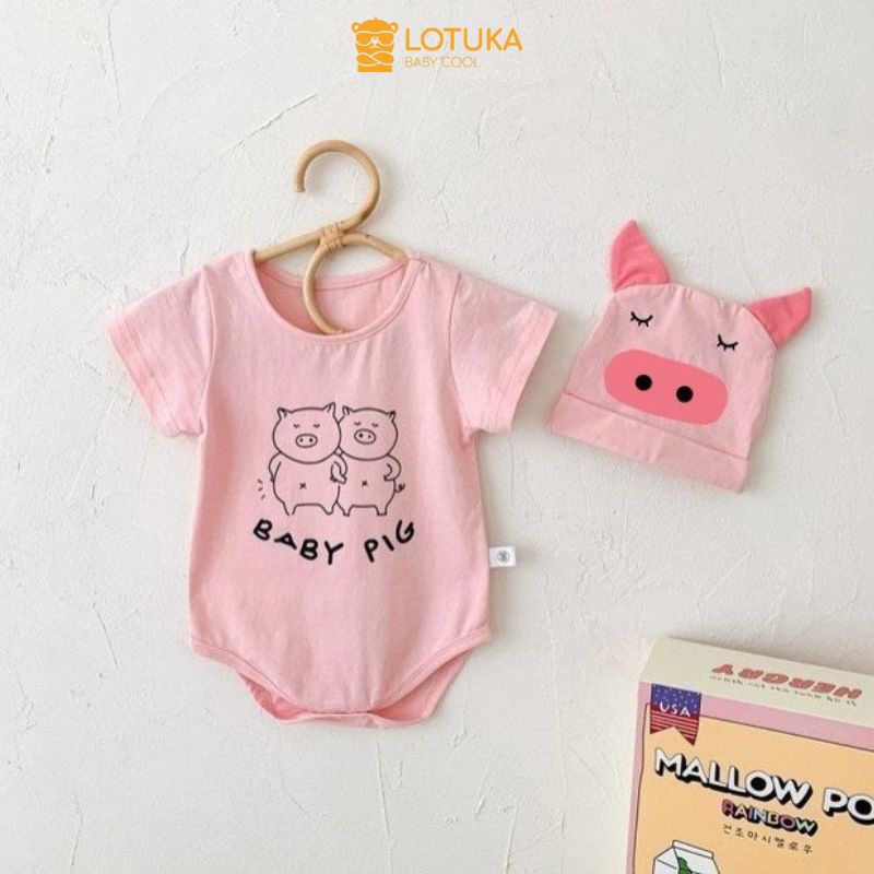 Body Chip Thun Lạnh LOTUKA KÈM MŨ Thú Đáng Yêu, Bodysuit Cho Bé, Chất Liệu Mềm Mát, Thoáng Mịn Size 0-12m