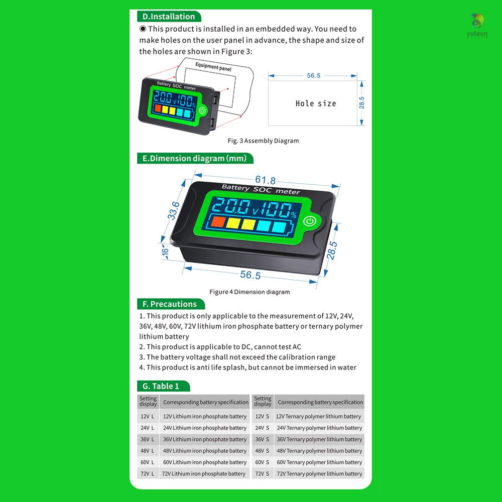 Đồng Hồ Đo Công Suất Pin 8-100V 12.0V 24V 36V 48V 60V 72V Lithium Polymer Chống Thấm Nước