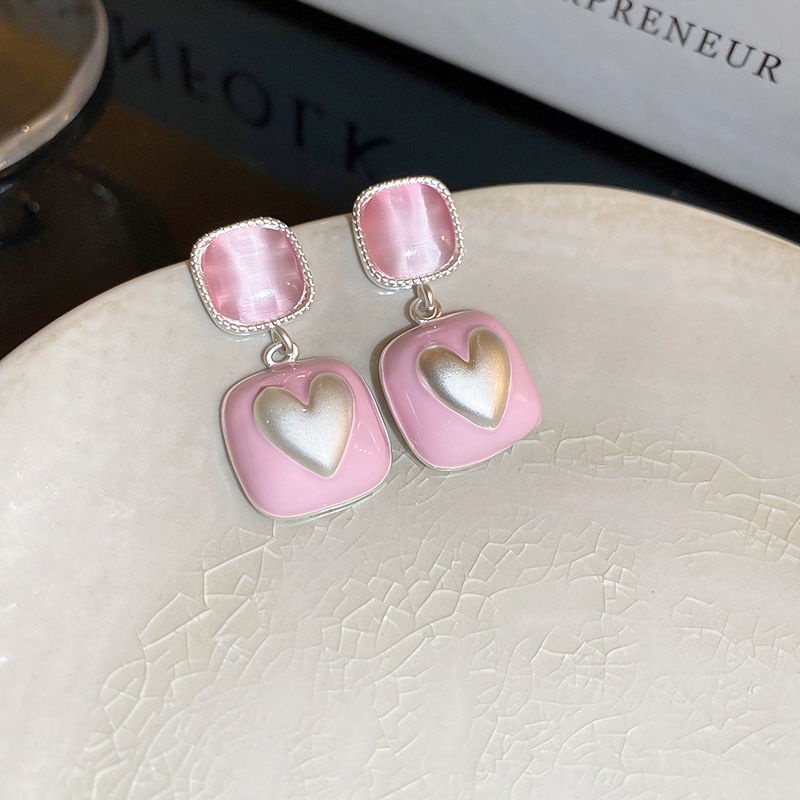 Bông Tai Bạc Hình Trái Tim Đính Đá Opal Trong Suốt Thời Trang Mùa Hè Dễ Phối Đồ