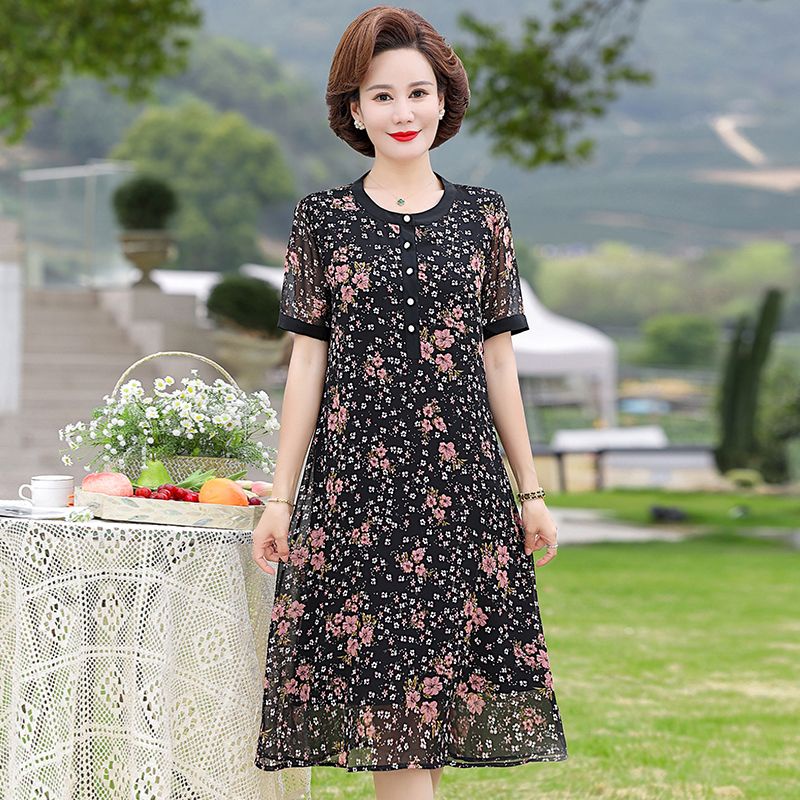 Đầm Chiffon Dài Tay Ngắn Thời Trang Mùa Hè Cho Nữ Trung Niên Ốp