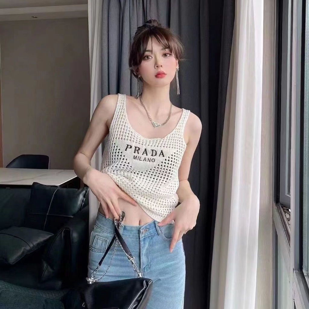 Áo Hai Dây Dệt Kim Dáng Rộng In Chữ PD Thời Trang Xuân Hè 2023 Mới Cho Bạn Gái