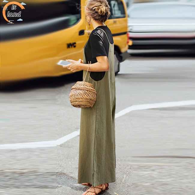 [IS] Quần Yếm Cotton Hai Dây Ống Rộng Màu Trơn