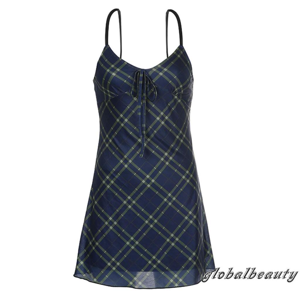 Đầm Hai Dây Dáng Chữ A Cổ Chữ V Khoét Sâu Họa Tiết Sọc Caro Phong Cách Quyến Rũ