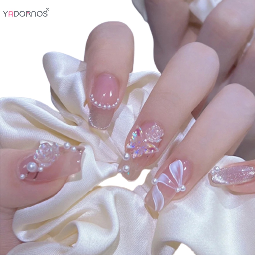 Móng Tay Giả Đính Hoa Trà Và Ngọc Trai Dễ Tháo Rời Yadors