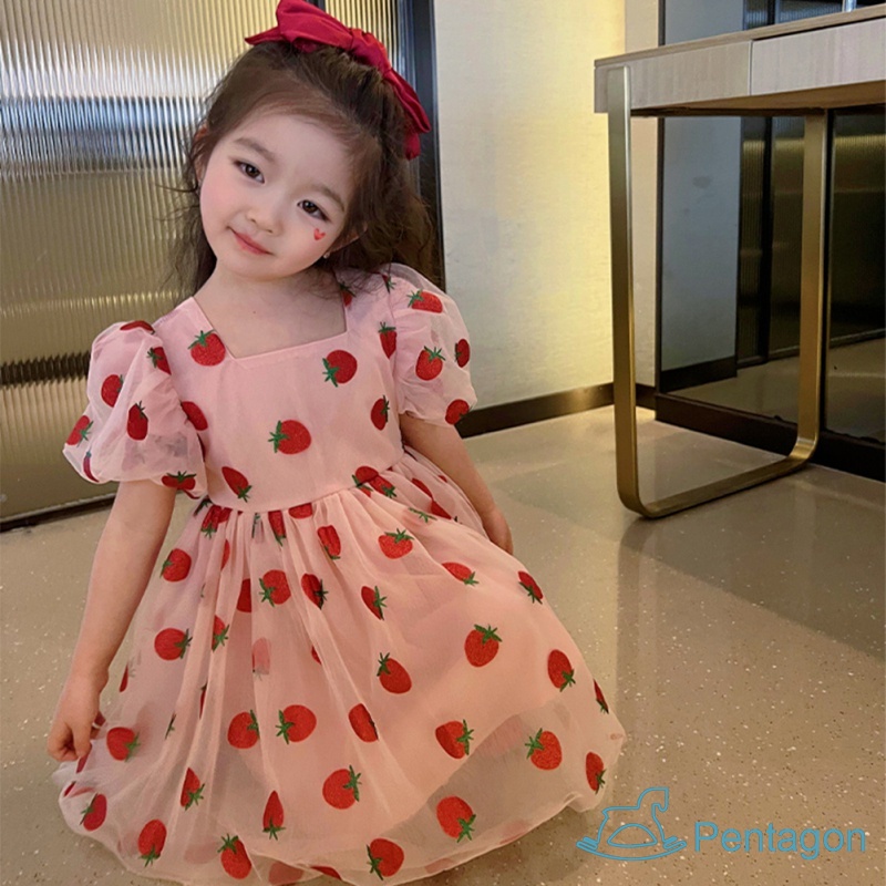 Đầm Công Chúa Mùa Hè In Họa Tiết Dâu Tây Dễ Thương Phong Cách Hàn Quốc Cho Bé Gái
