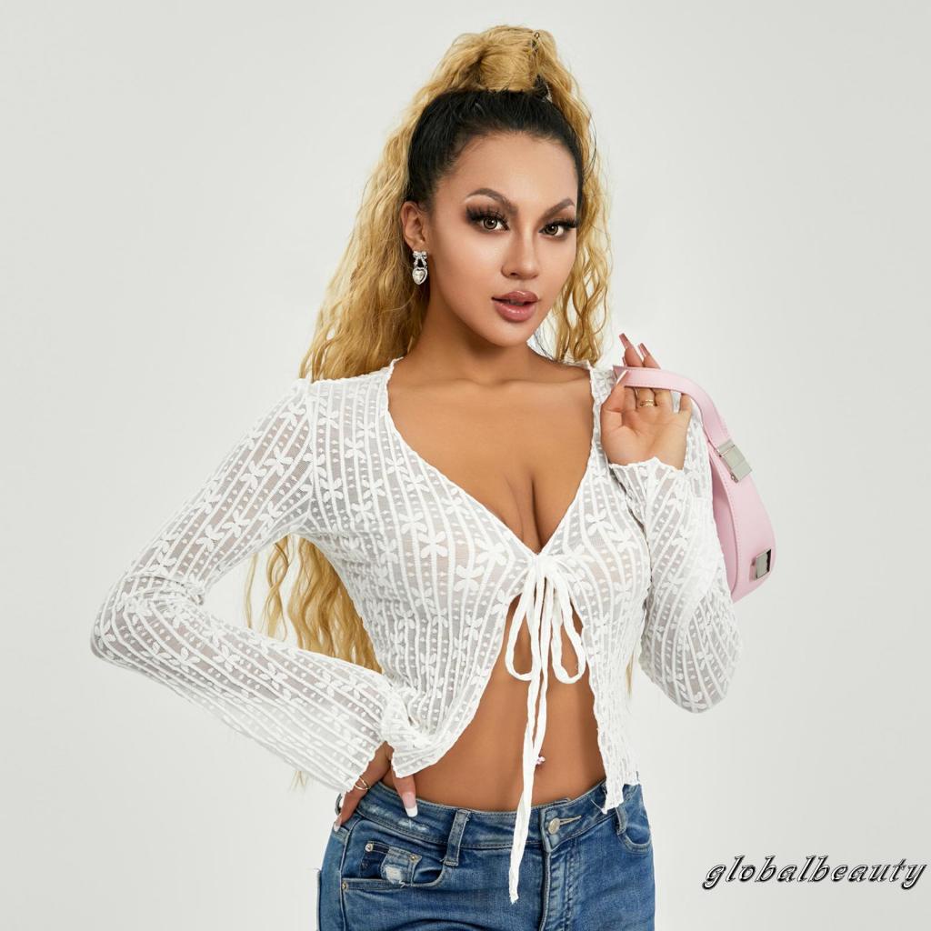 Áo Croptop Tay Dài Cổ Chữ V Họa Tiết Hoa Thời Trang Xuân Hè Cho Nữ