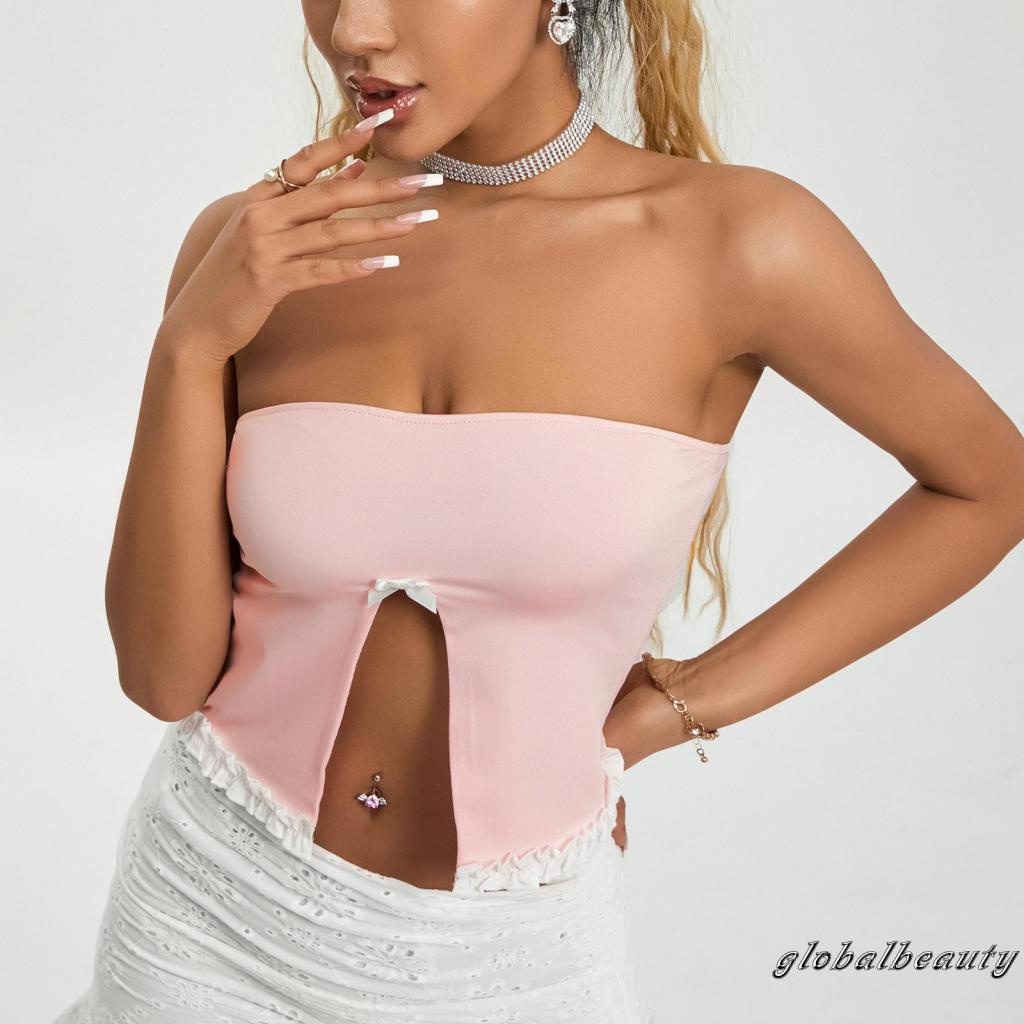 Áo Ống Mùa Hè Không Dây Hở Lưng Xẻ Tà Có Diềm Xếp Nếp Cho Nữ