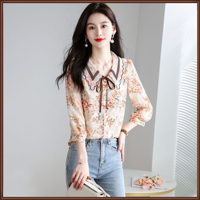 Áo Sơ Mi Chiffon Tay Dài Dáng Rộng In Họa Tiết Hoa Thanh Lịch Thời Trang Cho Nữ
