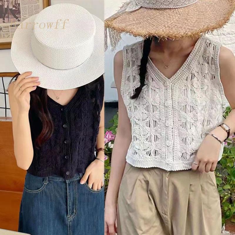 Brroa Áo Croptop Dệt Kim Không Tay Họa Tiết Hình Học Phối Nút Xuống Phong Cách Boho Mùa Xuân Hè Cho Nữ